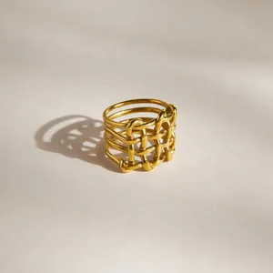 Stainless Steel Hollow Woven Geometric Ring For Women 18K Gold Plated Minimalist Elegant Party Jewelry Finger Ring Gift