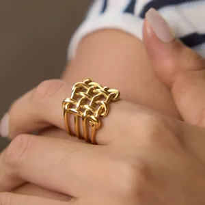 Woven geometric hollow ring made of durable gold-plated stainless steel for women