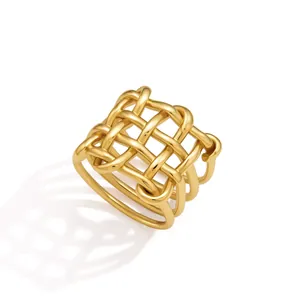 Elegant 18K gold plated stainless steel hollow woven geometric statement ring