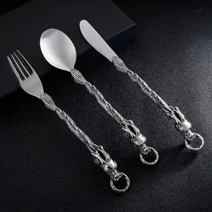 Retro Punk 304 Stainless Steel Dragon Handle Knife Fork Spoon Antique Silver Embossed Design Western Gothic Style Cutlery