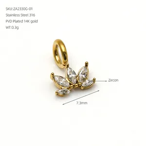 Exquisite 316 stainless steel marquise zircon pendant with 14K gold PVD plating for DIY