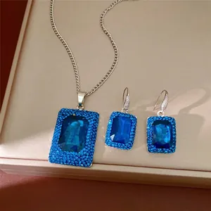 Geometric Square Blue Zirconia Pendant Necklace Earrings Set Silver Plated Copper Rhinestone Jewelry For Women