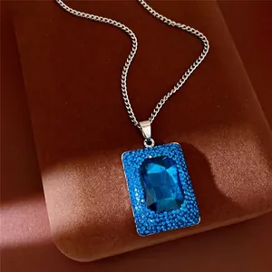 Elegant square blue gemstone pendant necklace with silver chain for women