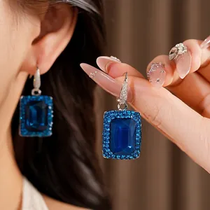 Elegant luxury blue square crystal drop earrings with sparkling rhinestone accents