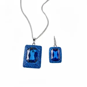 Elegant square blue crystal jewelry set with necklace and matching stud earrings