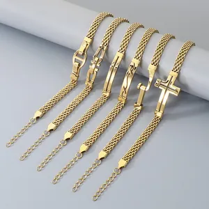 Set aus sechs goldenen Edelstahl-Mesh-Armbändern mit Vintage-Balken- und Kreuzmotiven