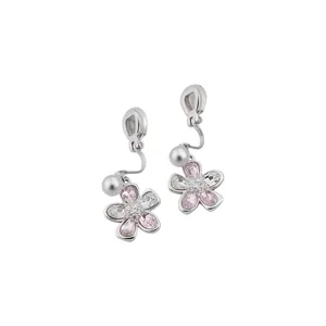 Elegant pink cherry blossom flower clip-on earrings with crystals and pearls for non-pierced ears
