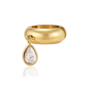 Pendiente de clip de acero inoxidable chapado en oro de 18k con gota de cristal claro