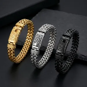 Lot de trois bracelets vintage en acier inoxydable pour hommes avec maillons gravés
