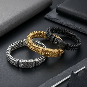 Bracelet Homme Punk en Acier Inoxydable Chaîne en Os de Dragon Strass Tête de Mort Rétro Gothique Rock Bijoux en Acier Titane