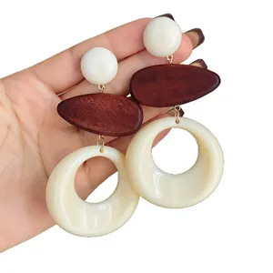 Vintage French style resin and wood dangle earrings with geometric hoops