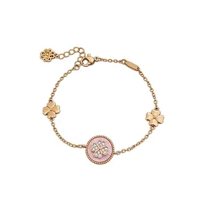 Bracelet plaqué or 18 carats avec motifs de trèfle en zircon et nacre rose