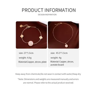 Détails de taille et de matériau pour ensemble bracelet et collier trèfle doré