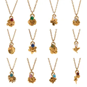 Set de doce colgantes de flores con piedras de nacimiento en acero inoxidable de 18K