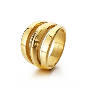 Elegant minimalist triple-layer gold stainless steel wide band ring for men and women