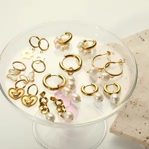 Hoop Earrings 18K Gold Plated Stainless Steel With Faux Artificial Pearl Pendants Geometric Heart Butterfly Vintage Style Women