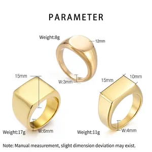 Gold-plated stainless steel rings in geometric circular, square, and rectangular styles