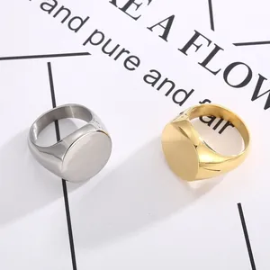 Top view of silver and gold stainless steel signet rings on a minimalist white background.