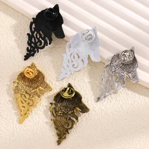 Detailed view of wolf head suit lapel pins with secure butterfly clutch backings.