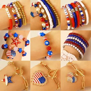 Multilayer Independence Day bracelet set with patriotic red white blue clay beads