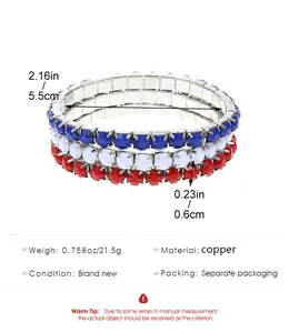 Detailed view of red, white, and blue rhinestone bracelet set with product dimensions