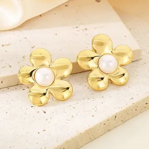 Elegant 18K gold-plated flower stud earrings with pearl center and textured petals