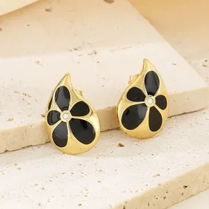 Luxury 18K gold-plated stainless steel teardrop earrings with black floral texture