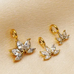 Gold plated stainless steel petal pendant with sparkling marquise zircons for DIY jewelry