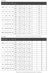Detailed size chart for women's two-piece set including top and pants measurements