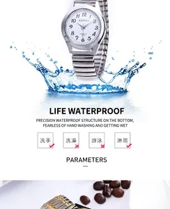 Detail showing daily waterproof levels and usage guide for quartz watch with expansion band.