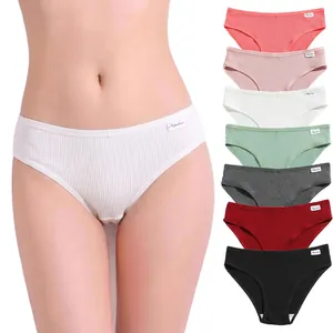 Womens Ribbed Cotton Panties Low Waist Solid Color Breathable Elastic Briefs Underwear Soft Lingerie For Ladies