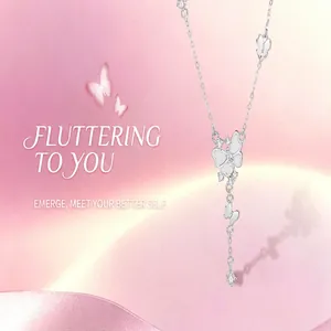 Delicate S925 sterling silver butterfly Y-shaped necklace with sparkling zircon detail