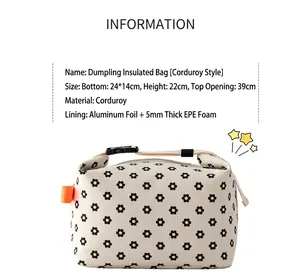 Floral corduroy insulated lunch bag detail showing large capacity and buckle strap.