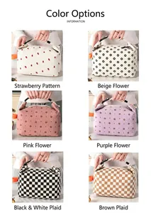 Details of corduroy insulated lunch bags available in various floral and checkered patterns.