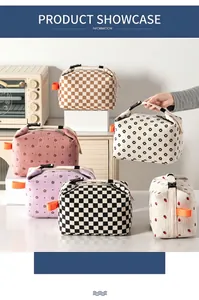 Detail view of colorful corduroy insulated lunch bags with various patterns in a kitchen scene