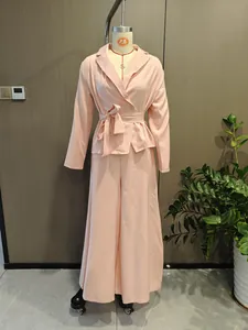 Full view display of pink long-sleeved blazer and wide-leg trouser suit on mannequin