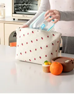 Large capacity insulated corduroy lunch bag with cute red strawberry print and zipper
