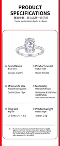 Detailed product specification chart for an oval moissanite ring in 925 sterling silver.