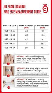 Detailed ring size chart showing conversion for US and HK sizes with measurement steps.