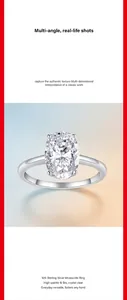 Close-up view of an oval cut moissanite ring set in 925 silver with a polished band