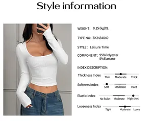Detailed view of white ribbed Y2K long sleeve top with material and style specifications