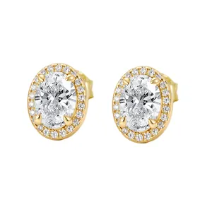 Elegant gold oval stud earrings with halo cubic zirconia in S925 sterling silver.