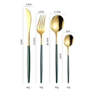 Detailed dimensions and weight of the elegant green and gold stainless steel cutlery set