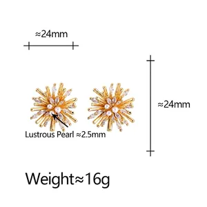 Firework-shaped gold stud earrings with white pearls and crystals, 24mm size and 16g weight.