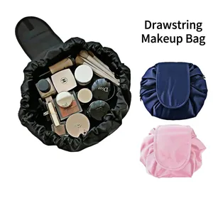 Large capacity drawstring makeup bag organizer in black navy and pink oxford cloth