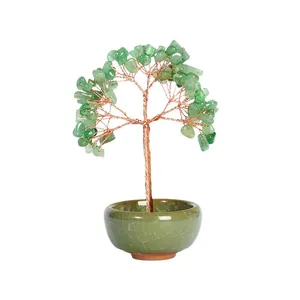 Natural green crystal gemstone tree handmade with copper wire and ceramic bowl base