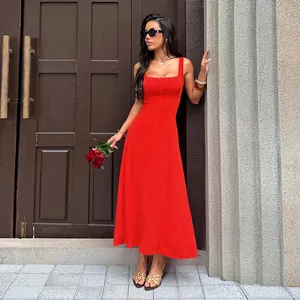 Robe Maxi Rouge À Col Carré Sans Manches Taille Corset Polyester Spandex Sexy Dos Nu Ligne A Robe Longue Pour Femmes