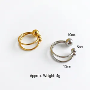 Detailed view of minimalist titanium steel open ring with steel beads and dimensions