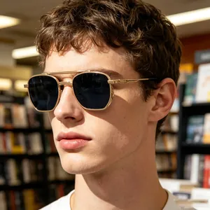 Close-up of men's square gold metal frame sunglasses for outdoor style