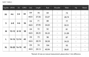 Comprehensive size chart for women's elegant solid color suspender dress in XS to XL